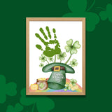 Printable St. Patrick’s Day handprint craft featuring a leprechaun hat, lucky shamrocks, and gold coins. Fun and easy DIY project for kids’ holiday art.
