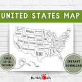 Use this outline map of the United States for anything you can think of! Keep track of states you have received orders from for your business, states you've visited across the country, or let your children color as they learn the US!
