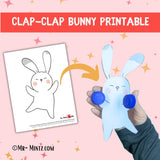 Clap-Clap Bunny printable Easter craft for kids, featuring a cut-out bunny template with instructions to attach plastic bottle caps as clapping hands. This fun and interactive homemade toy is ideal for preschool or kindergarten Easter activities, DIY busy bin projects, and spring classroom fun. Available as a JPG download in 8.5”x11” Letter size.