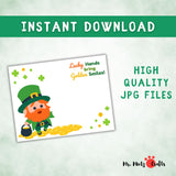 St. Patrick’s Day printable craft featuring a leprechaun, a pot of gold, shamrocks, and a child’s handprint to complete the design. Fun for preschool & kindergarten.