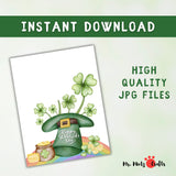 Printable St. Patrick’s Day handprint craft featuring a leprechaun hat, lucky shamrocks, and gold coins. Fun and easy DIY project for kids’ holiday art.