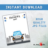 Police-themed Father’s Day handprint craft with red and blue handprints above a cartoon police car and city skyline.