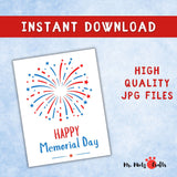 Printable Memorial Day craft with a red handprint forming a fireworks shape, surrounded by blue and red stars, ideal for preschool patriotic art activities.