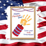 Child’s handprint in red, white, and blue on a printable Memorial Day craft template.