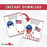 Veterans Day handprint craft with soldier helmet, American flag, and patriotic poem
