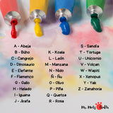 Printable Mi Primer Abecedario Spanish alphabet handprint craft for kids, featuring creative handprint animals and objects for each letter.