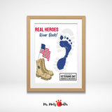 Veterans Day footprint craft for kids featuring a blue footprint, military boot, and American flag, designed as a patriotic activity to teach military appreciation in classrooms and family settings.