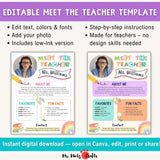 Editable “Meet the Teacher” template for back to school – features colorful design with space for name, photo, favorites, and fun facts. Great for teachers in preschool and elementary school to introduce themselves to students and parents.
