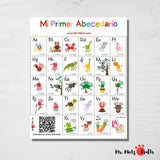 Printable Mi Primer Abecedario Spanish alphabet handprint craft for kids, featuring creative handprint animals and objects for each letter.
