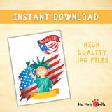 Memorial Day handprint craft featuring a girl dressed as the Statue of Liberty holding a torch with a painted handprint flame.