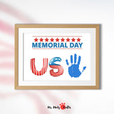 Patriotic Memorial Day Handprint Art Printable featuring the word USA with red, white, and blue elements, and space for a childs handprint. Ideal for Memorial Day celebrations, preschool activities and home decorations.