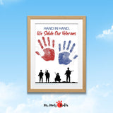 Veterans Day handprint craft with red and blue handprints honoring soldiers