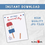 Memorial Day footprint craft for baby’s first celebration with red footprint and patriotic popsicle illustration.