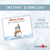 Snowman handprint craft for kids featuring ‘Warm Hugs from Frosty Hands’ design, perfect for winter keepsakes and holiday fun.