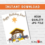 Nativity handprint craft for kids with ‘Happy Birthday Jesus’ message, featuring a manger scene with Mary, Joseph, Baby Jesus, and animals, perfect for Christmas keepsakes and Sunday school activities.