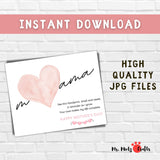 Mothers Day card with a childs handprint on a heart, personalized with the name Mama. Includes a poem: 'See this handprint, small and sweet, a reminder as I grow, your love makes my life complete. Happy Mothers Day!