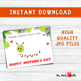 Happy Mothers Day card featuring a Thumb-Buggy Loves You design with colorful fingerprint bugs made from childs thumbprints, surrounded by tropical leaves and hearts, perfect for a personal touch.