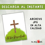 Manualidad cristiana de Pascua para niños con cruz de madera y huellas de manos en forma de alas de ángel. Fondo verde vibrante y la frase “Él ha resucitado” en estilo caligráfico. Actividad perfecta para enseñar el verdadero significado de la Pascua en clases religiosas, preescolar o en casa. Plantilla descargable en formato JPG 8.5x11 y A4 lista para imprimir y pintar.
