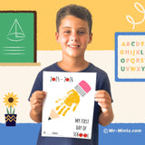 My First Day of School handprint craft featuring a handprint transformed into a pencil with space for the child’s name and school year, perfect for back-to-school activities.