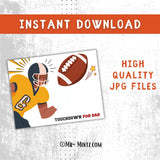 Football handprint craft printable gift for dad, ideal for Father’s Day or birthday. Features a football player, a large football, and space for a child’s painted handprint to complete the design. Fun keepsake for kids to make and gift.