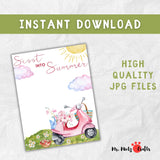 Printable “Scoot Into Summer” handprint craft for preschool and kindergarten. Features a pink scooter with a basket of flowers, a bright sun, and a space to add a child’s handprint. Ideal for summer crafts, end-of-year activities, and preschool keepsakes.
