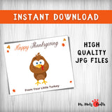 Thanksgiving turkey handprint craft for kids with ‘Happy Thanksgiving’ and ‘From Your Little Turkey’ messages, perfect for creating a holiday keepsake for family celebrations.