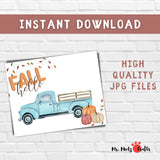 Children’s Fall Handprint Truck Craft with ‘Fall Hello’ phrase and colorful handprint leaves.