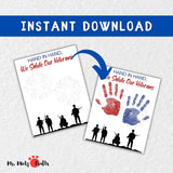 Veterans Day handprint craft with red and blue handprints honoring soldiers
