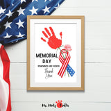 Memorial Day DIY Kids Handprint Keepsake Art Craft Printable featuring a pink rose and patriotic ribbon. Ideal for Memorial Day baby and toddler crafts, USA patriotic preschool crafts activities. Remember and honor with this Memorial Day printable.