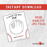 Baseball-themed printable birthday card for dad or grandpa featuring a brown handprint stamped inside a baseball glove and the text “I Caught the Best Pop.” Perfect handmade gift from kids.