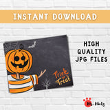 Halloween craft featuring a pumpkin-headed figure and orange handprint on a chalkboard background with “Trick or Treat” text