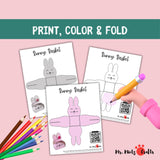 Printable Bunny Basket craft for Easter, featuring a cute pink bunny design. DIY paper basket template for kids’ Easter egg hunts and treat storage. Fun preschool and kindergarten activity.