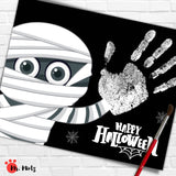 Creative Halloween handprint craft for kids, featuring a mummy with handprint design and spooky details. Ideal for holiday activities and decorations.