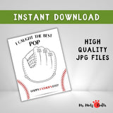 Printable Father’s Day handprint craft featuring a brown child’s handprint stamped inside a baseball glove with the phrase “I Caught the Best Pop.” Perfect for preschool or kindergarten kids to create a keepsake card for dad.