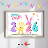 Colorful Easter 2026 printable craft for kids with numbers, a bunny-shaped 2 with ears and paws, and a yellow baby chick made from a child’s handprint forming the zero. Designed for preschool, kindergarten, and homeschool Easter activities. Perfect for classroom art walls or holiday keepsakes.