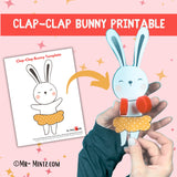 Clap-Clap Bunny printable Easter craft for kids, featuring a cut-out bunny template with instructions to attach plastic bottle caps as clapping hands. This fun and interactive homemade toy is ideal for preschool or kindergarten Easter activities, DIY busy bin projects, and spring classroom fun. Available as a JPG download in 8.5”x11” Letter size.