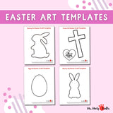 Printable Easter craft templates with bunny, egg, and Christian cross.