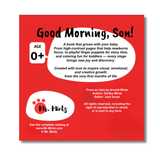 back cover of Good Morning, Son! high-contrast baby book. The front shows panda family illustrations and the phrase “High-contrast black-and-white picture book,” while the back explains the book’s concept — from newborn visual stimulation to toddler coloring and storytelling with animal finger puppets. A perfect Montessori-inspired baby gift.