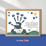 Father’s Day handprint craft featuring a police car and a child’s handprint transformed into police badges. Perfect printable gift for kids to honor their police officer dad on Father’s Day. Great for school art projects or heartfelt keepsakes.