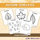 Printable autumn craft templates for kids featuring leaf outlines and a cute hedgehog pattern. Perfect for preschool, kindergarten, and classroom fall art projects. Great for cutting, coloring, or decorating with real leaves or yarn. Instant digital download for creative autumn crafts.