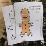 Two gingerbread man puppet crafts with movable mouths, one colored and one for coloring, showcasing bow ties and buttons, ready for creative play.