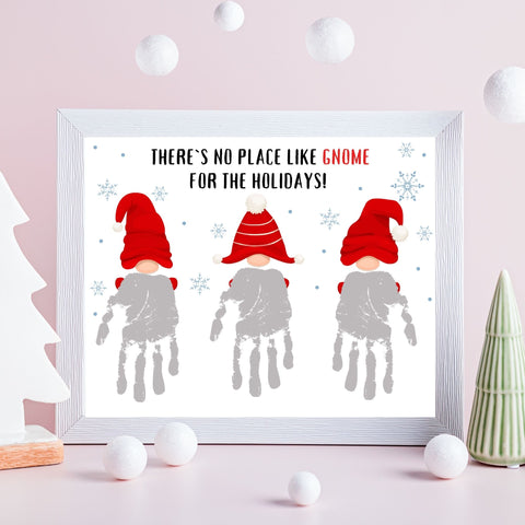 The adorable Gnome Handprint Art is the perfect Student Activity for your classroom featuring an adorable gnomes on a winter background, in their red coloured caps, reading There's no place like gnome for the Holidays.