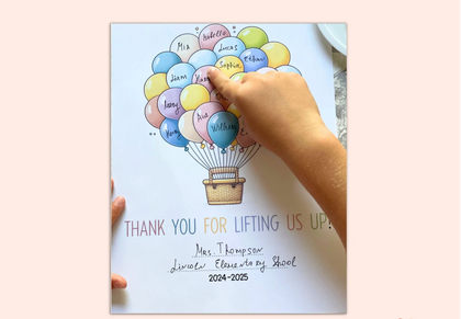 Child adds fingerprints to hot air balloon craft with student names, creating a personalized Teacher Appreciation Week gift. Printable classroom art for preschool, kindergarten, and elementary students.