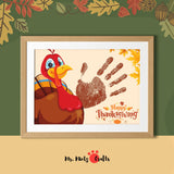 Thanksgiving turkey handprint craft for kids with a printable template, perfect for DIY keepsake making at family gatherings or in preschool and elementary classrooms, featuring fall decor elements and a festive holiday message.