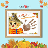 Harvest Handprint Scarecrow Craft for kids with ‘A Little Hand to Help the Harvest’ and a scarecrow design.