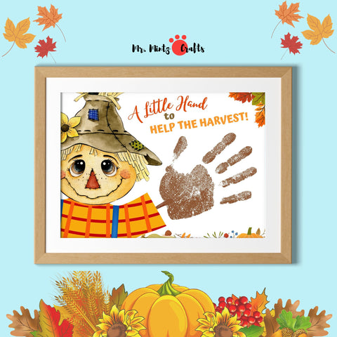 Harvest Handprint Scarecrow Craft for kids with ‘A Little Hand to Help the Harvest’ and a scarecrow design.