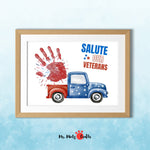 Veterans Day handprint craft kit for kindergarten and preschool kids featuring a patriotic red handprint and truck design.