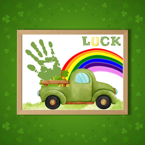 Printable St. Patrick’s Day handprint craft featuring a green vintage truck, rainbow, and shamrocks. Fun preschool art activity for kids.