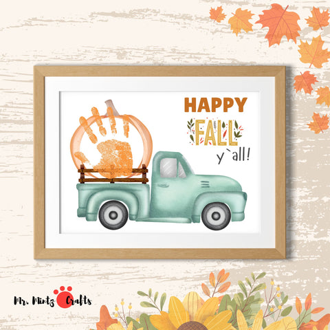 Children’s Fall Handprint Pumpkin Truck Craft with ‘Happy Fall Y’all!’ and a vintage truck carrying a handprint pumpkin.