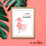 Flamingo handprint craft with the text ‘Have a Flamazing Summer’ featuring a pink flamingo made from handprints